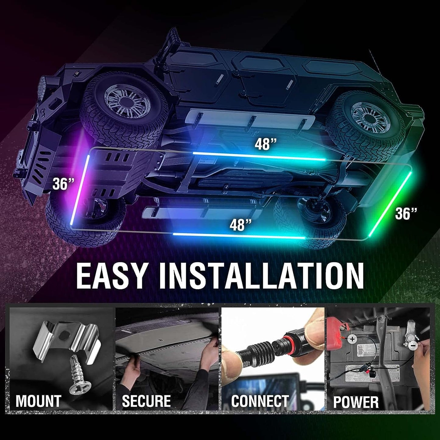 AURA PRO LED Lighting Kit for Truck Bundle (Grille LED Kit + DreamColor Underglow LED Kit - Bluetooth APP and Remote Controlled + Tailgate Triple Light Bar)