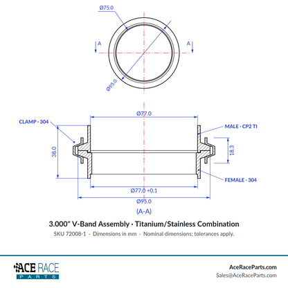 3.000" V-Band Assembly "Male/Female" - Titanium/Stainless Combination