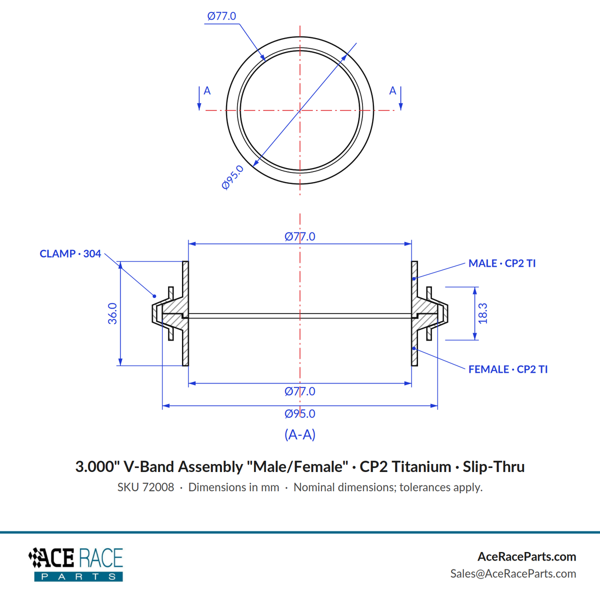3.000" V-Band Assembly "Male/Female" CP2 Titanium