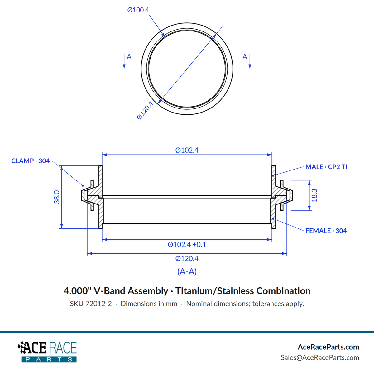 4.000" V-Band Assembly "Male/Female" - Titanium/Stainless Combination