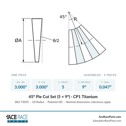 3.000" OD x 0.047" (1.2mm) Short Radius (1D) Pie Cut CP1 Titanium (45° Bend - 5 Pieces Total)