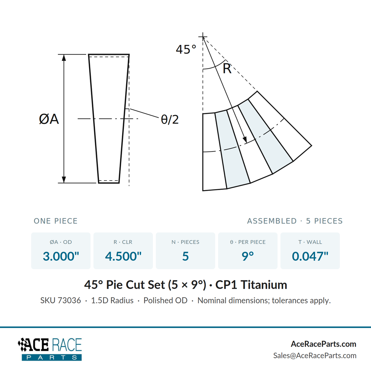 3.000" OD x 0.047" (1.2mm) Long Radius (1.5D) Pie Cut CP1 Titanium (45° Bend - 5 Pieces Total)