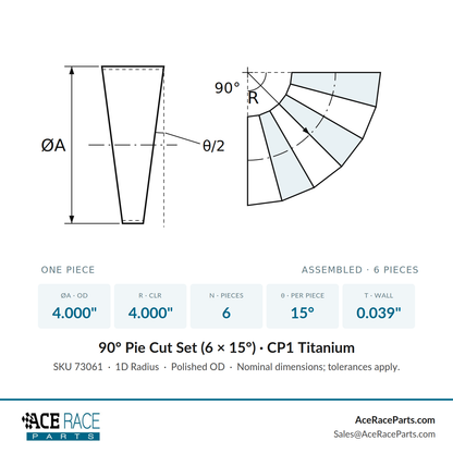 4.000" OD x 0.039" (1mm) Short Radius (1D) Pie Cut CP1 Titanium (90° Bend - 6 Pieces Total)