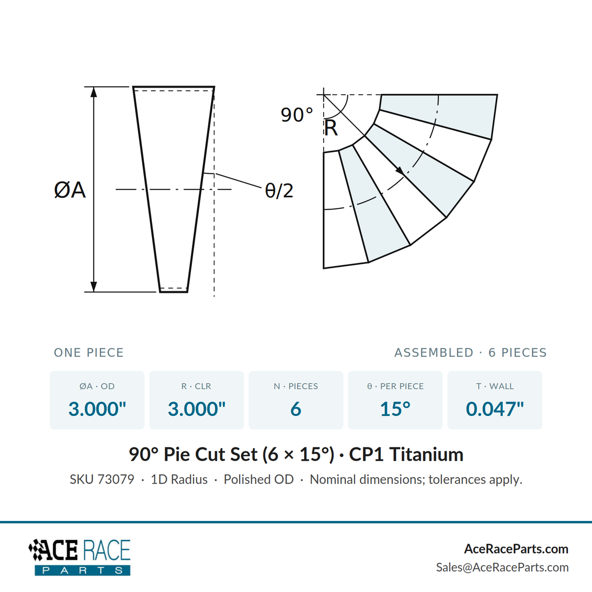 3.000" OD x 0.047" (1.2mm) Short Radius (1D) Pie Cut CP1 Titanium (90° Bend - 6 Pieces Total)