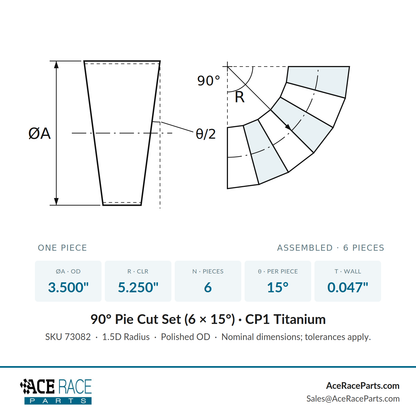 3.500" OD x 0.047" (1.2mm) Long Radius (1.5D) Pie Cut CP1 Titanium (90° Bend - 6 Pieces Total)