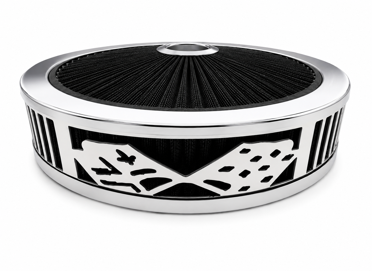 Granatelli Blingz Beauty Bandz Red & Chrome Air Filter Assembly – Checkered Flag Graphic – 750032