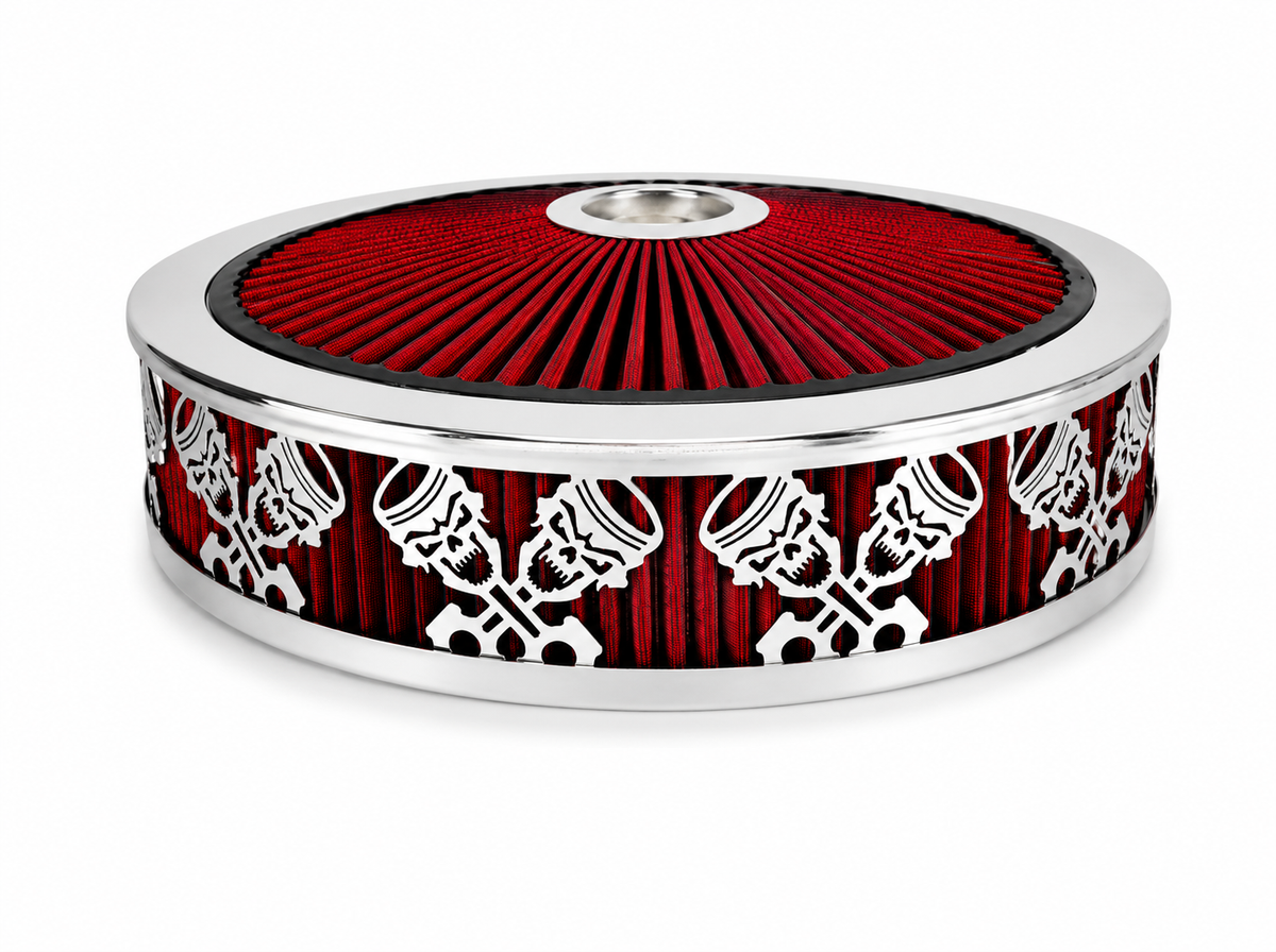 Granatelli Blingz Beauty Bandz Red & Chrome Air Filter Assembly – Skullz and Rods Graphic – 750043