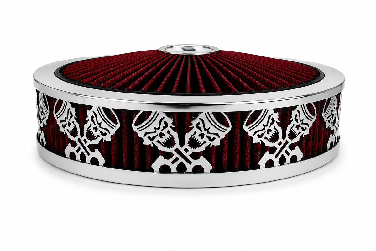 Granatelli Blingz Beauty Bandz Red & Chrome Air Filter Assembly – Skullz and Rods Graphic – 750043