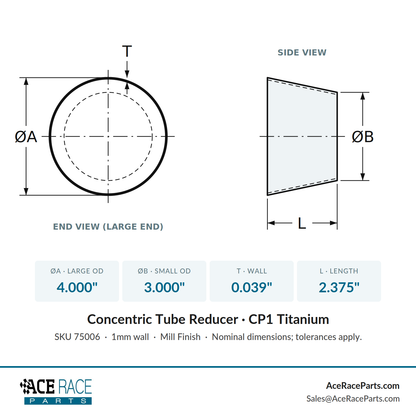 4.000" OD x 3.000" OD 0.039" (1mm) Reducer CP1 Titanium - (2.375" Long)
