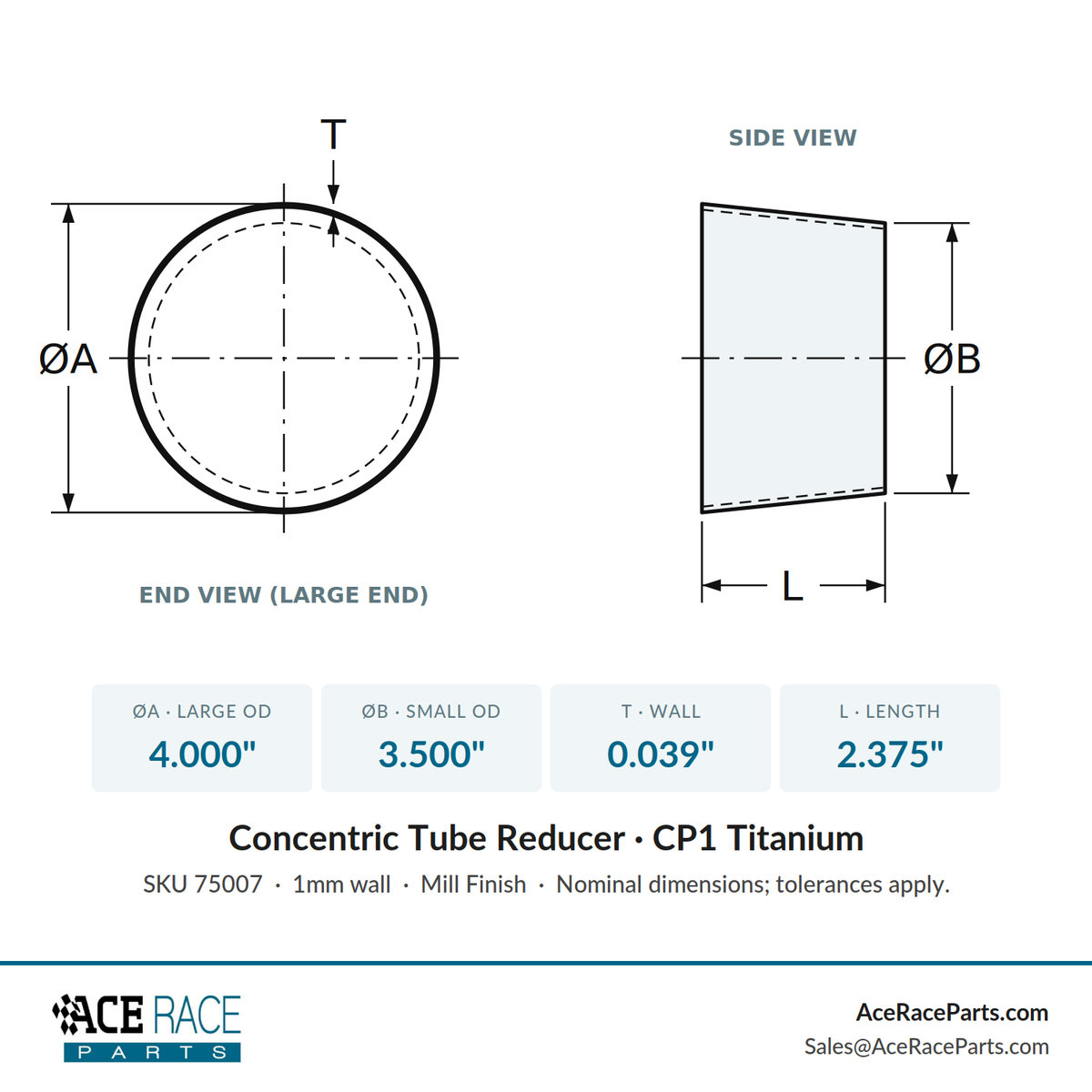4.000" OD x 3.500" OD 0.039" (1mm) Reducer CP1 Titanium - (2.375" Long)