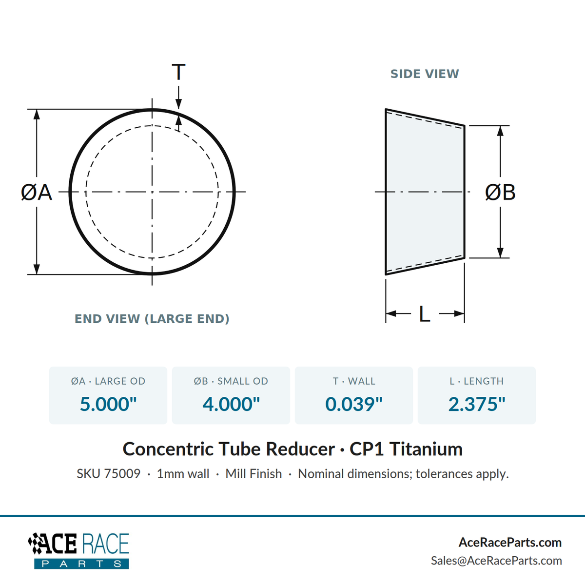 5.000" OD x 4.000" OD 0.039" (1mm) Reducer CP1 Titanium - (2.375" Long)