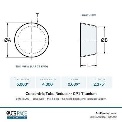 5.000" OD x 4.000" OD 0.039" (1mm) Reducer CP1 Titanium - (2.375" Long)