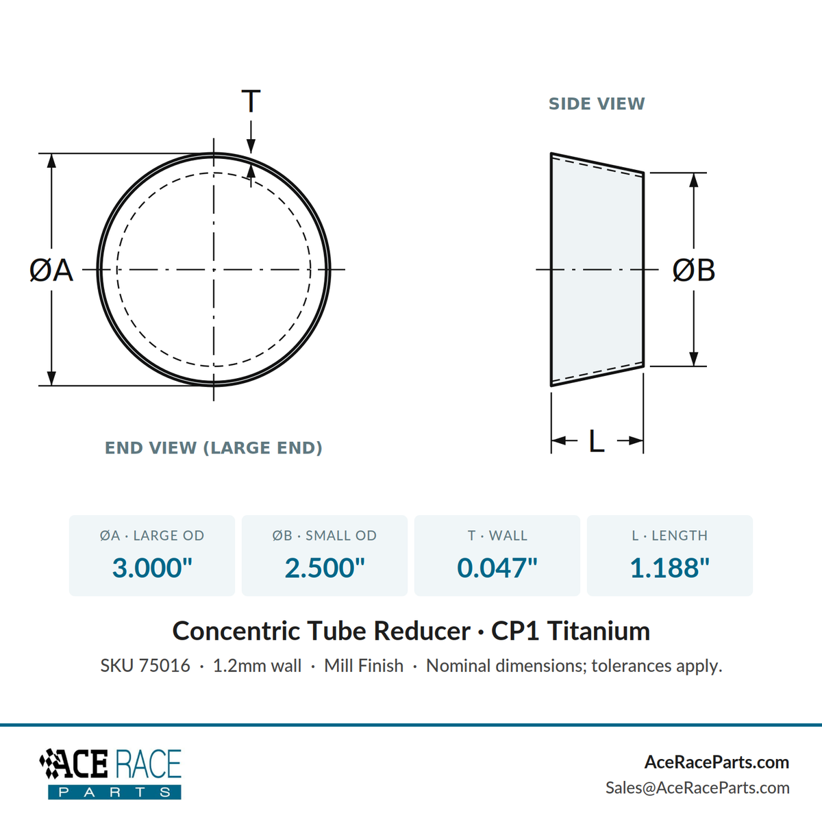 3.000" OD x 2.500" OD 0.047" (1.2mm) Reducer CP1 Titanium - (1.188" Long)