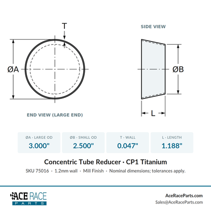 3.000" OD x 2.500" OD 0.047" (1.2mm) Reducer CP1 Titanium - (1.188" Long)