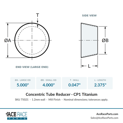 5.000" OD x 4.000" OD 0.047" (1.2mm) Reducer CP1 Titanium - (2.375" Long)