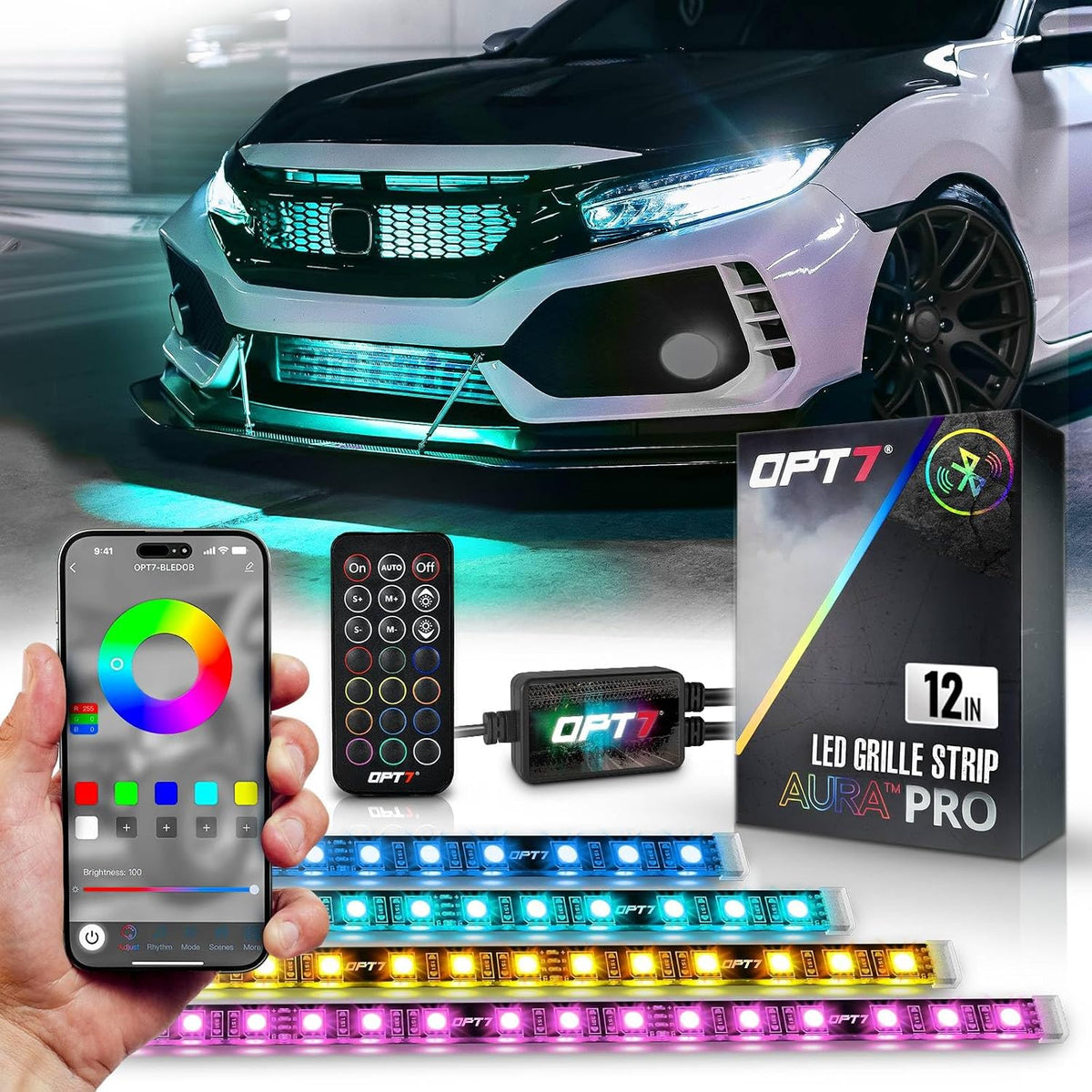 AURA PRO LED Grille Lighting Kit ( 4 x 12-Inch or 4 x 24-Inch) Bluetooth Enabled App - Full Color Spectrum