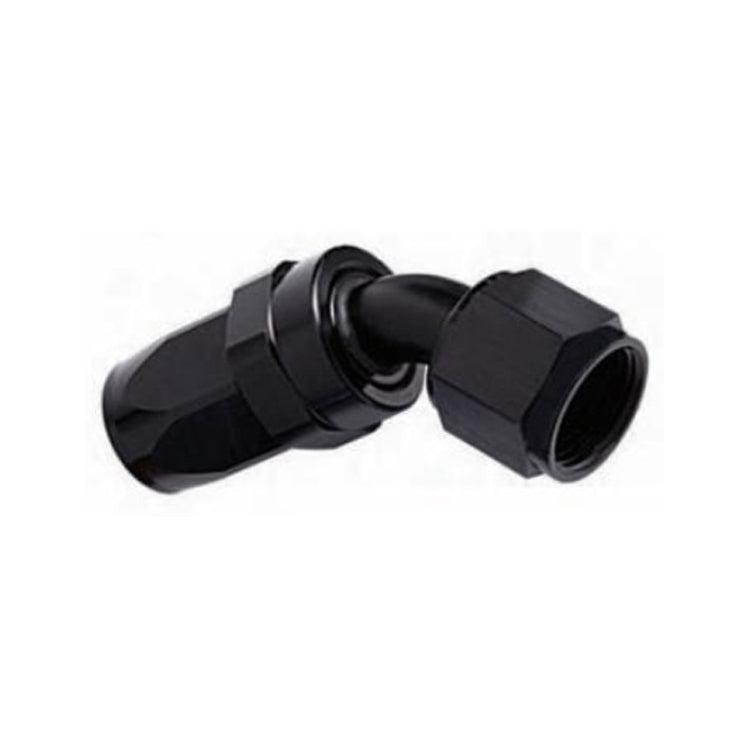 -8AN Female 45° Hose End, Swivel Style, Black Hard Anodized Aluminum