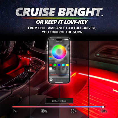 AURA PRO LED Interior Ambient Lighting Kit (4 x 12 Inch or 6 x 12-Inch) - Bluetooth Enabled APP Full Color Spectrum