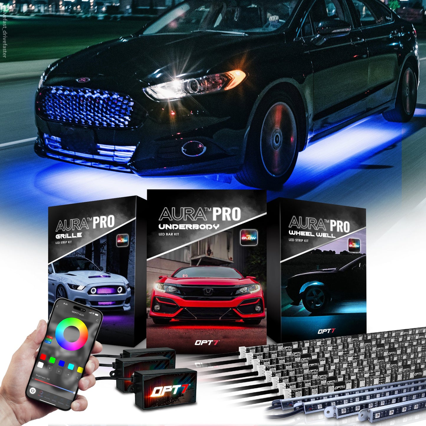 AURA PRO Exterior Pack Bundle ( Wheel Well LED Kit + Grille LED Kit + Underglow LED Kit ) - Bluetooth APP and Remote Controlled