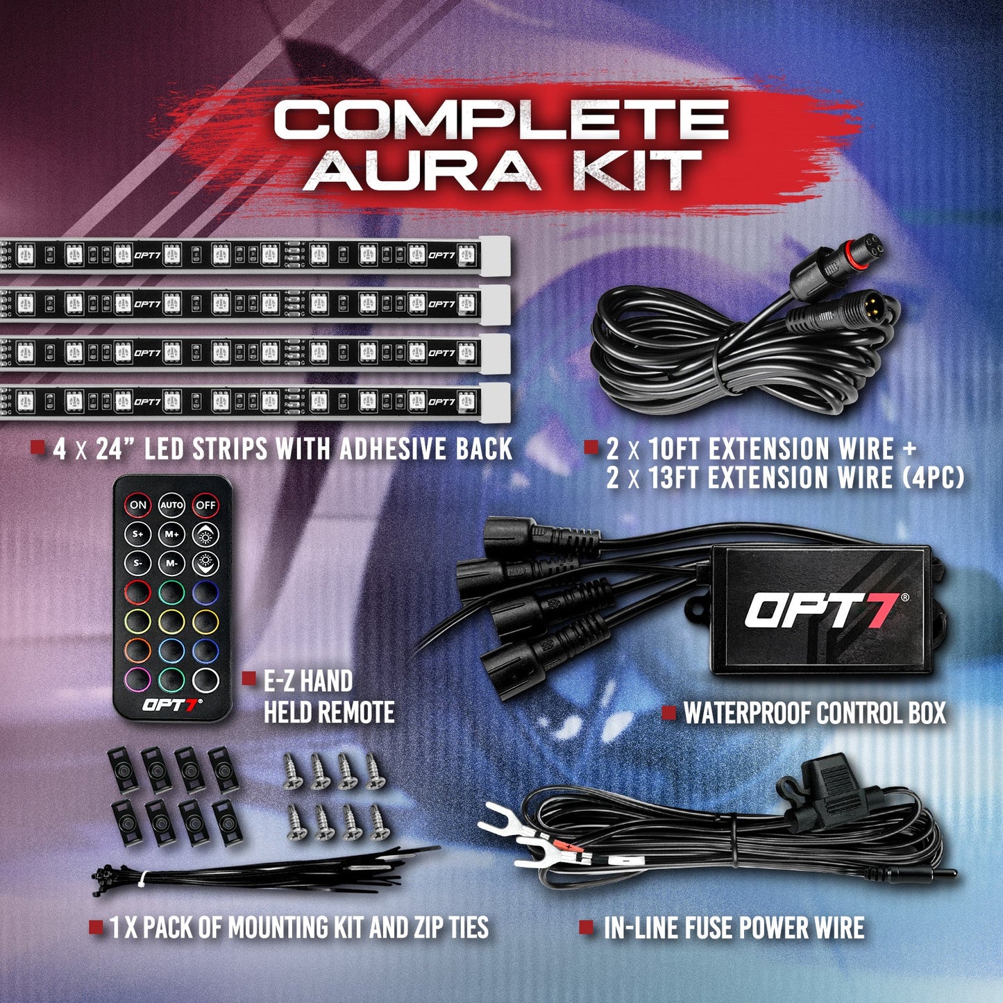 AURA Wheel Well LED Lighting Kit 24-Inch Multi-Color Strips x 4 - Remote Control Full Color Spectrum