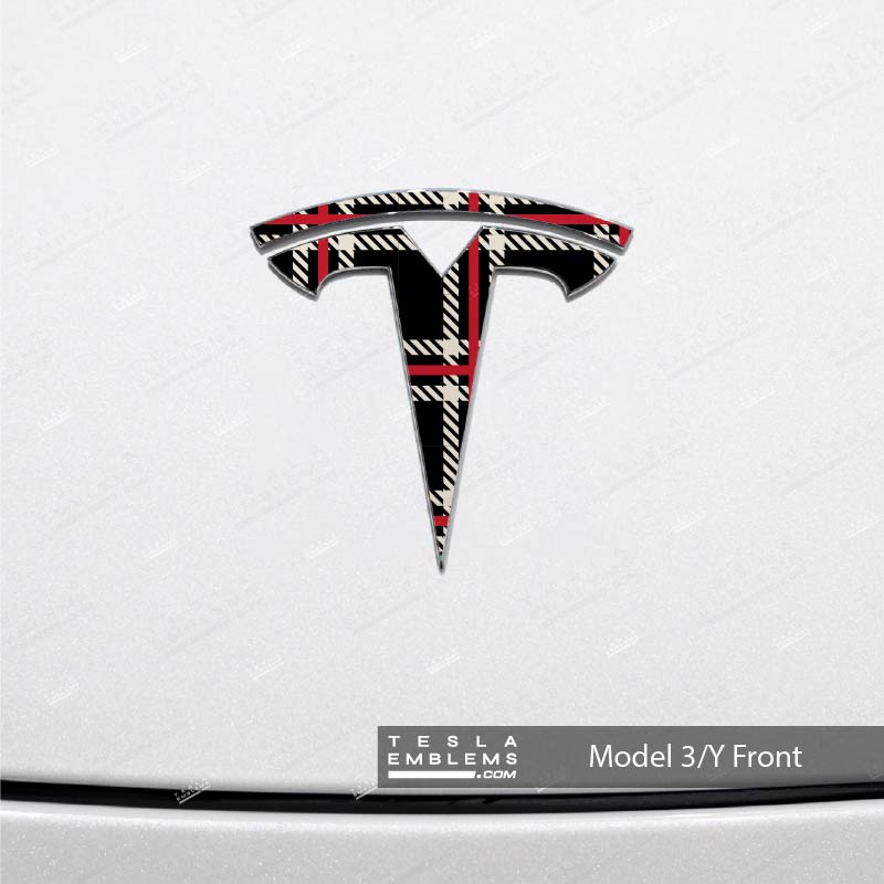 Black Plaid Tesla Emblem Decals (Front + Back Emblem Decals) | Model 3
