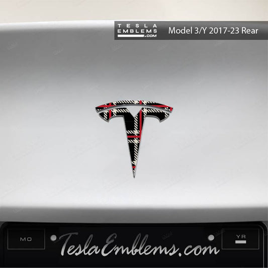 Black Plaid Tesla Emblem Decals (Front + Back Emblem Decals) | Model 3