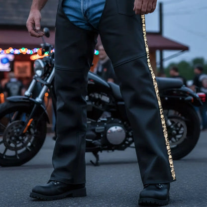 Hot Leathers CHM2001 Men's Matte Black motorcycle Leather Biker Chaps with Ancient Skull Reflective Artwork