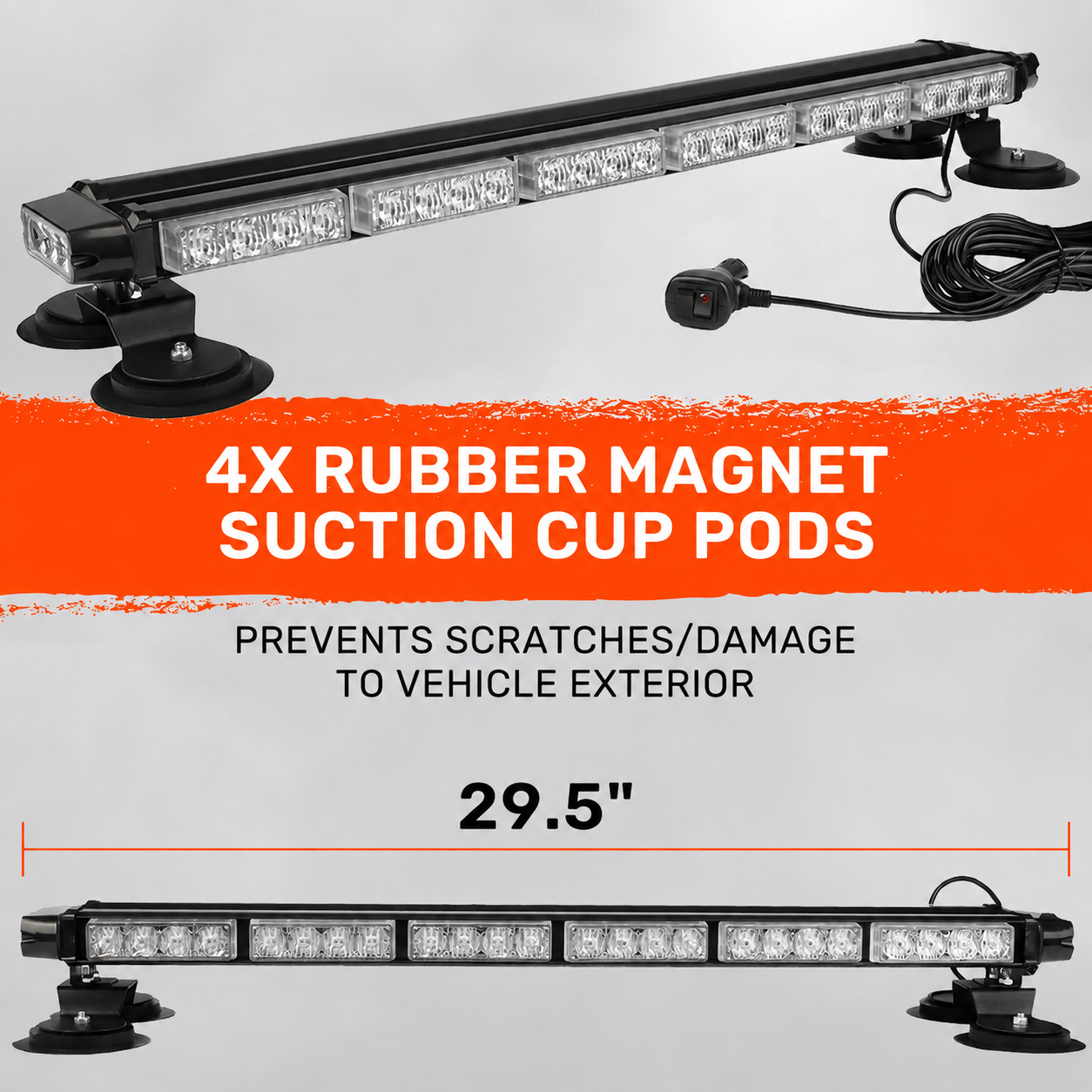 Exterior Roof Mounted 29.5" Emergency LED Strobe Light Bar in Amber & White - HD Magnetic Suction Cup Installation w/ 26 Lighting Functions
