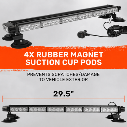 Exterior Roof Mounted 29.5" Emergency LED Strobe Light Bar in Amber & White - HD Magnetic Suction Cup Installation w/ 26 Lighting Functions
