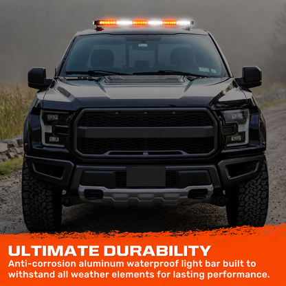 Exterior Roof Mounted 29.5" Emergency LED Strobe Light Bar in Amber & White - HD Magnetic Suction Cup Installation w/ 26 Lighting Functions