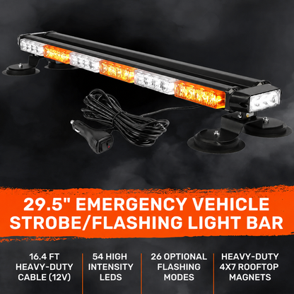 Exterior Roof Mounted 29.5" Emergency LED Strobe Light Bar in Amber & White - HD Magnetic Suction Cup Installation w/ 26 Lighting Functions