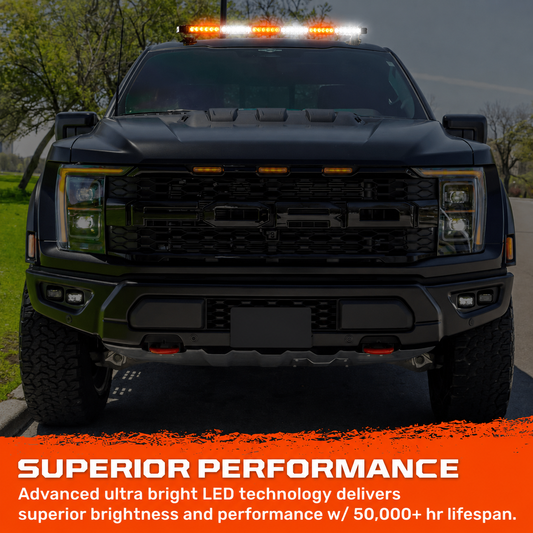 Exterior Roof Mounted 29.5" Emergency LED Strobe Light Bar in Amber & White - HD Magnetic Suction Cup Installation w/ 26 Lighting Functions