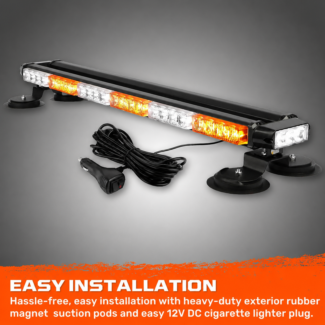 Exterior Roof Mounted 29.5" Emergency LED Strobe Light Bar in Amber & White - HD Magnetic Suction Cup Installation w/ 26 Lighting Functions