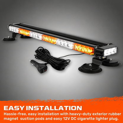 Exterior Roof Mounted 29.5" Emergency LED Strobe Light Bar in Amber & White - HD Magnetic Suction Cup Installation w/ 26 Lighting Functions