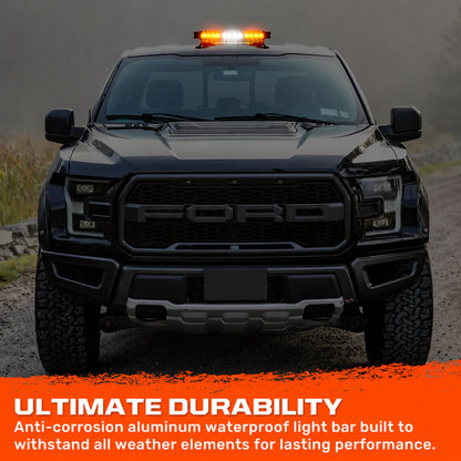 Exterior Roof Mounted 15" Emergency LED Strobe Light Bar in Amber & White - HD Magnetic Suction Cup Installation w/ 7 Light Functions