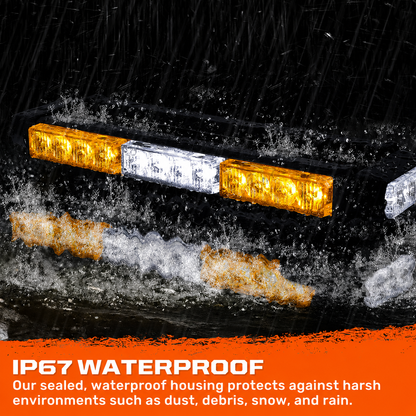 Exterior Roof Mounted 15" Emergency LED Strobe Light Bar in Amber & White - HD Magnetic Suction Cup Installation w/ 7 Light Functions