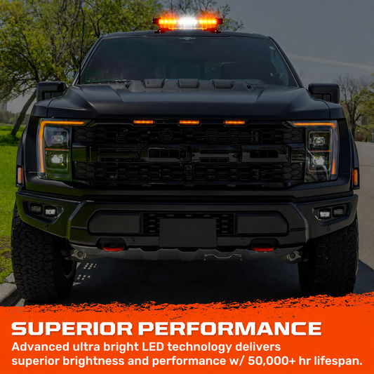Exterior Roof Mounted 15" Emergency LED Strobe Light Bar in Amber & White - HD Magnetic Suction Cup Installation w/ 7 Light Functions