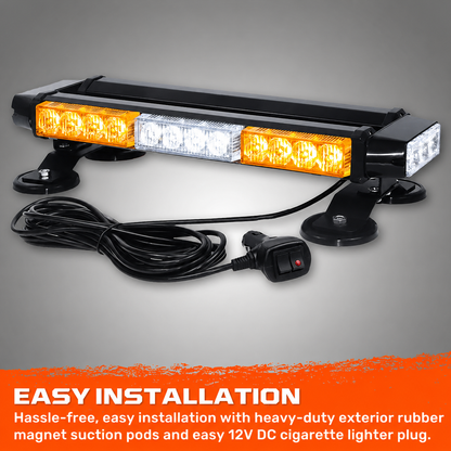 Exterior Roof Mounted 15" Emergency LED Strobe Light Bar in Amber & White - HD Magnetic Suction Cup Installation w/ 7 Light Functions
