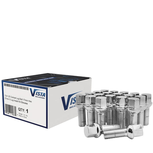 14x1.50 Ball Lug Bolt 17mm Hex 50mm 5 Lug Install Kit Chrome - Vista Wheel Accessories DPC50014BBH