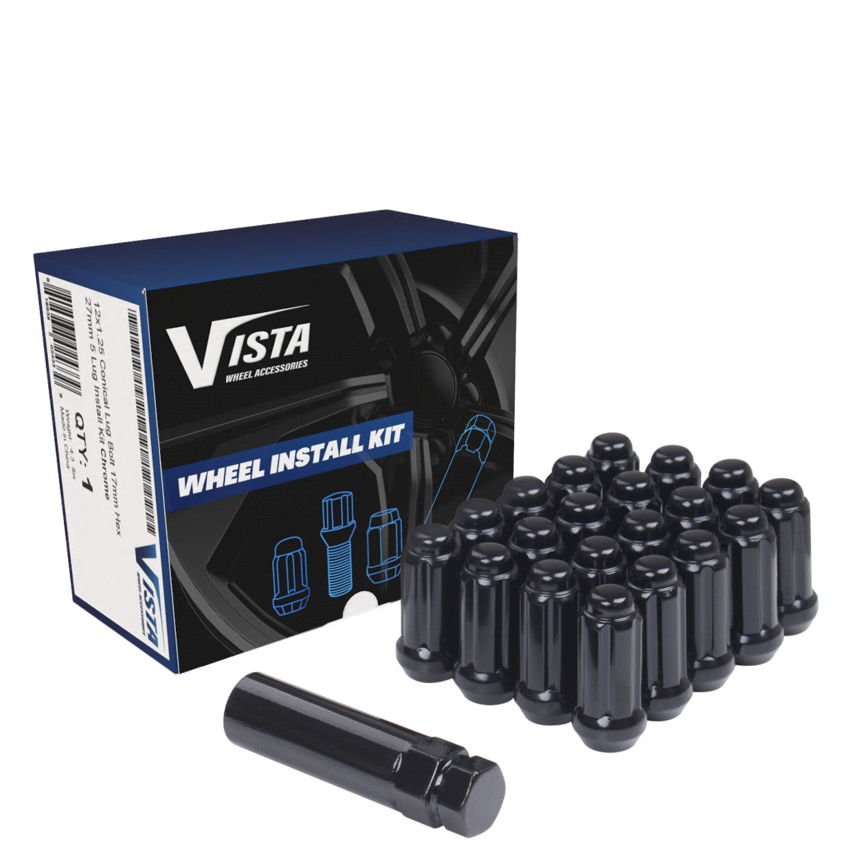 1/2" Bulge Acorn Spline Lug Nuts 1.9" 5 Lug Install Kit Black - Vista Wheel Accessories DPC5512STB