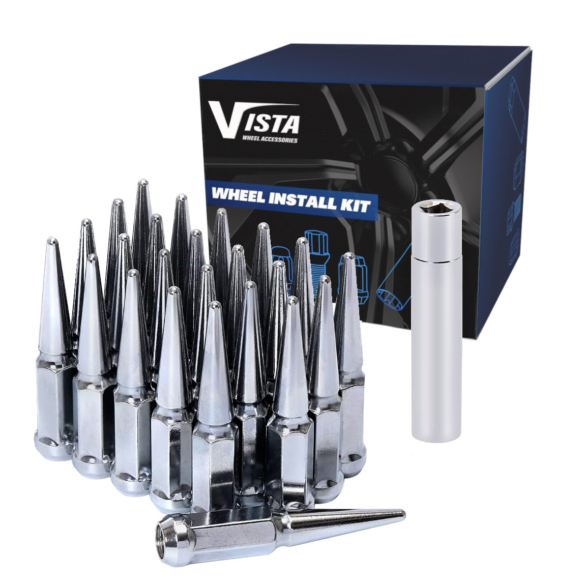 9/16" Spike Lug Nuts 3/4" Hex 4.37" 5 Lug Install Kit Chrome - Vista Wheel Accessories DPC5596LSPK