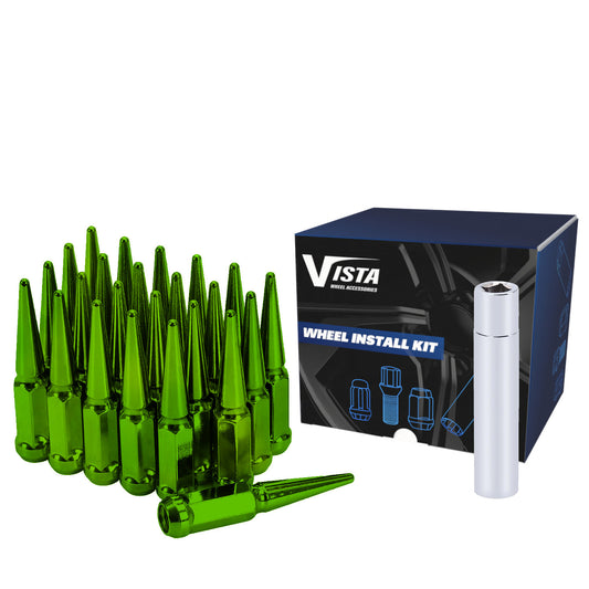 12x1.5 Spike Lug Nuts 3/4" Hex 111mm 6 Lug Install Kit Green - Vista Wheel Accessories DPC56015LSPKG