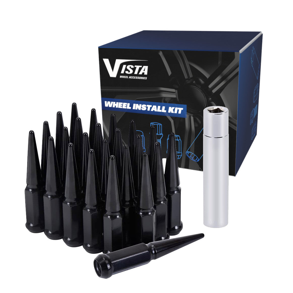 12x1.25 Spike Lug Nuts 3/4 Hex 100mm 6 Lug Install Kit Black - Vista Wheel Accessories DPC56125LSPKB