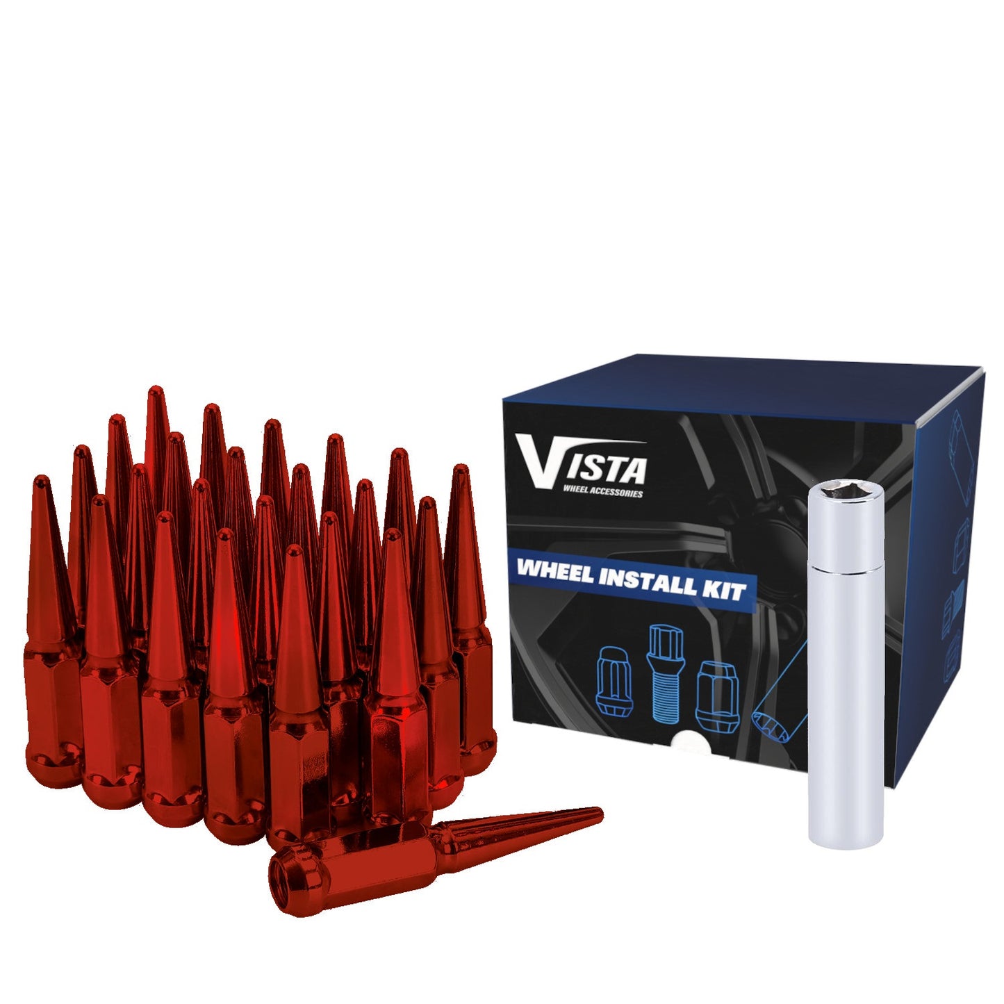 14x1.5 Spike Lug Nuts 3/4 Hex 100mm 6 Lug Install Kit Red - Vista Wheel Accessories DPC5614LSPKR