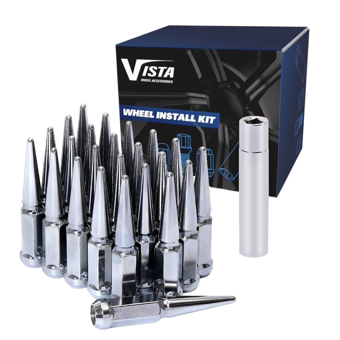 14X2 Spike Lug Nuts 3/4" Hex 4.37" 6 Lug Install Kit Chrome - Vista Wheel Accessories DPC5642LSPK