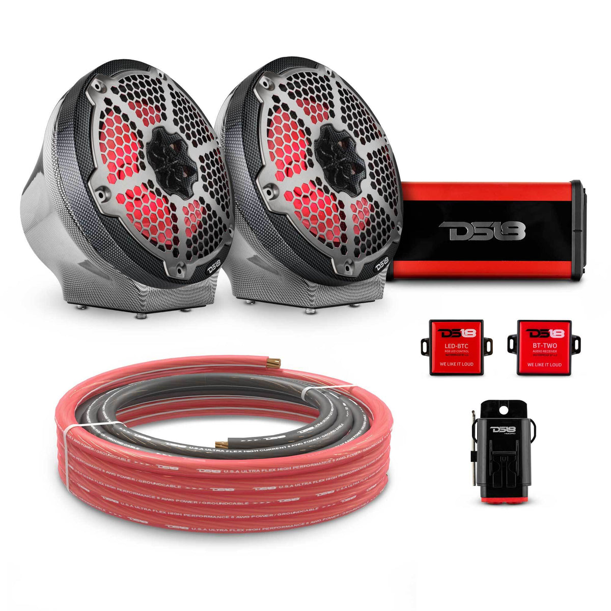 8" Loaded Flat Mount Speaker Pods with Amplifier, Installation Kit and RGB LED Lights, Package for Can-Am Spyder & Ryker