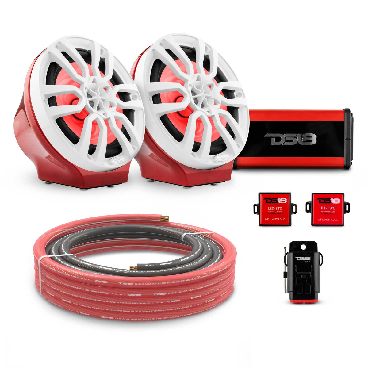 8" Loaded Flat Mount Speaker Pods with Amplifier, Installation Kit and RGB LED Lights, Package for Can-Am Spyder & Ryker