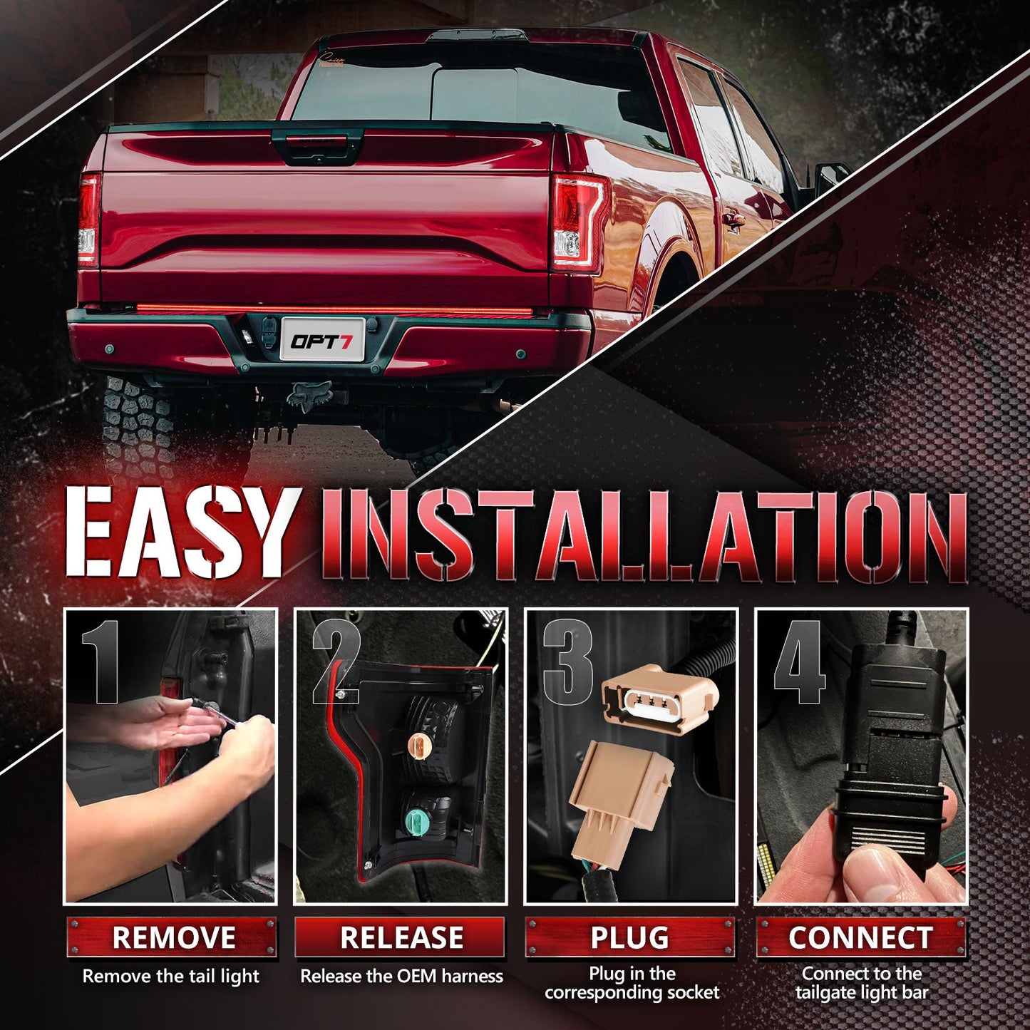 OPT7 Redline Parlux Triple Tailgate Light Bar 60" Bundle for Ford F150 15-18 Easy Connect Harness