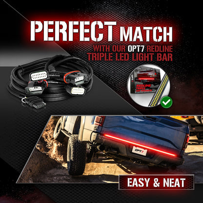 OPT7 Redline Parlux Triple Tailgate Light Bar 60" Bundle for Ford F150 15-20 with Blind Spot Easy Connect Harness