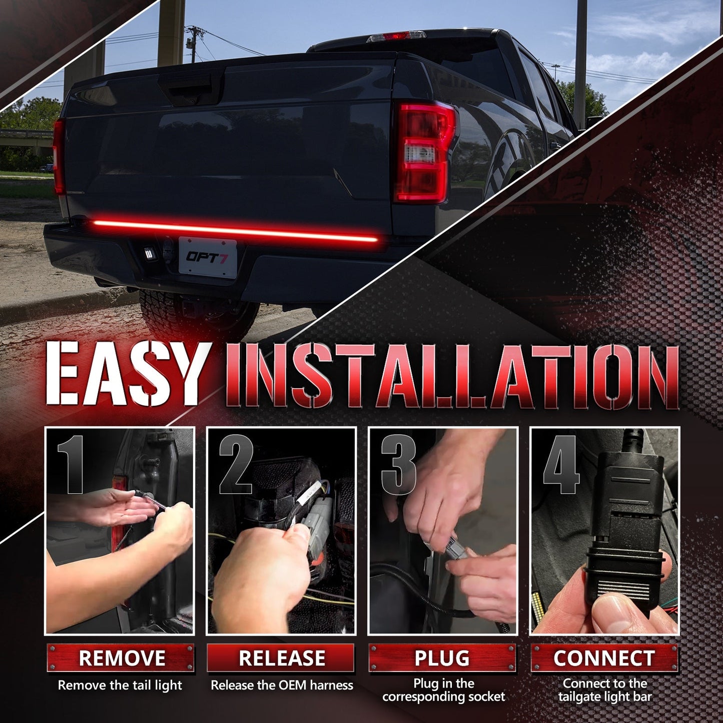 OPT7 Redline Parlux Triple Tailgate Light Bar 60" Bundle for Ford F150 18-20 Easy Connect Harness